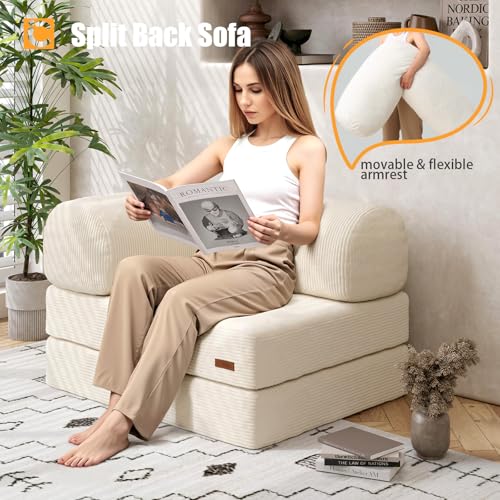 COMAX Folding Sofa Bed, Convertible Chair Bed Corduroy 3-in-1 Foldable Floor Couch with High-Density Foam, Futon Sofa Sleeper Mattress