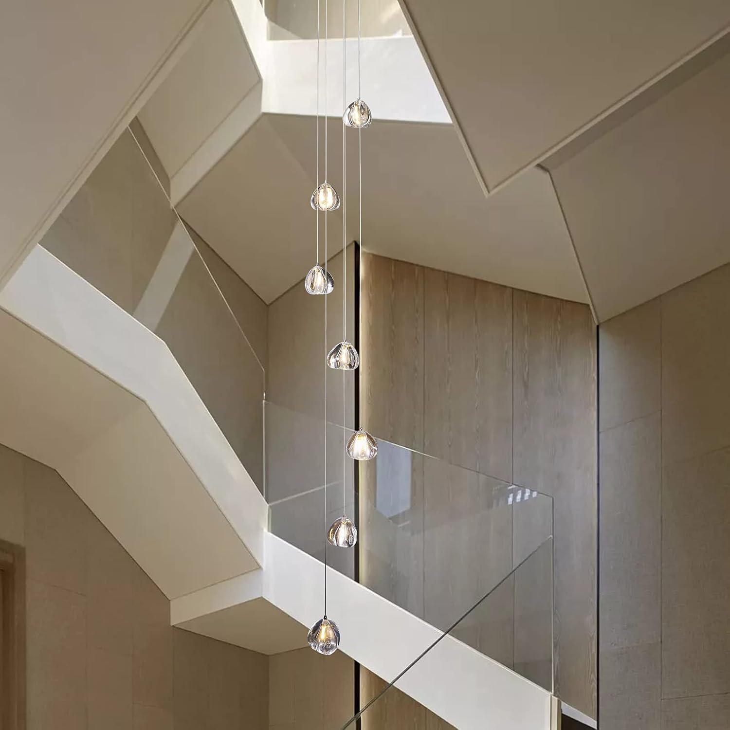 Modern Crystal Chandelier 7 Lights High Ceiling Chandelier Foyer Staircase Raindrop Ceiling Light Fixture Villa Crystal Ball Spiral Pendant Light for