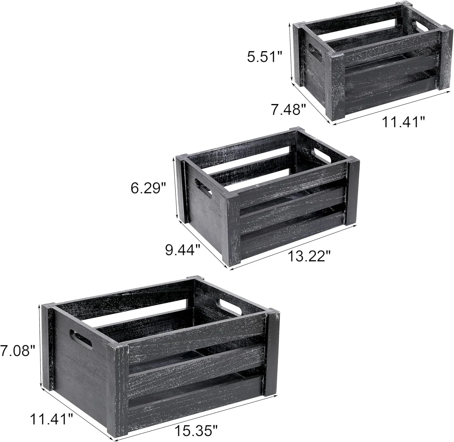 Large Classic Black Wooden Crates For Dispaly,Set Of 3 Wood Crates With Handles,Rustic Handmade Wood Boxes For Storage Or Display