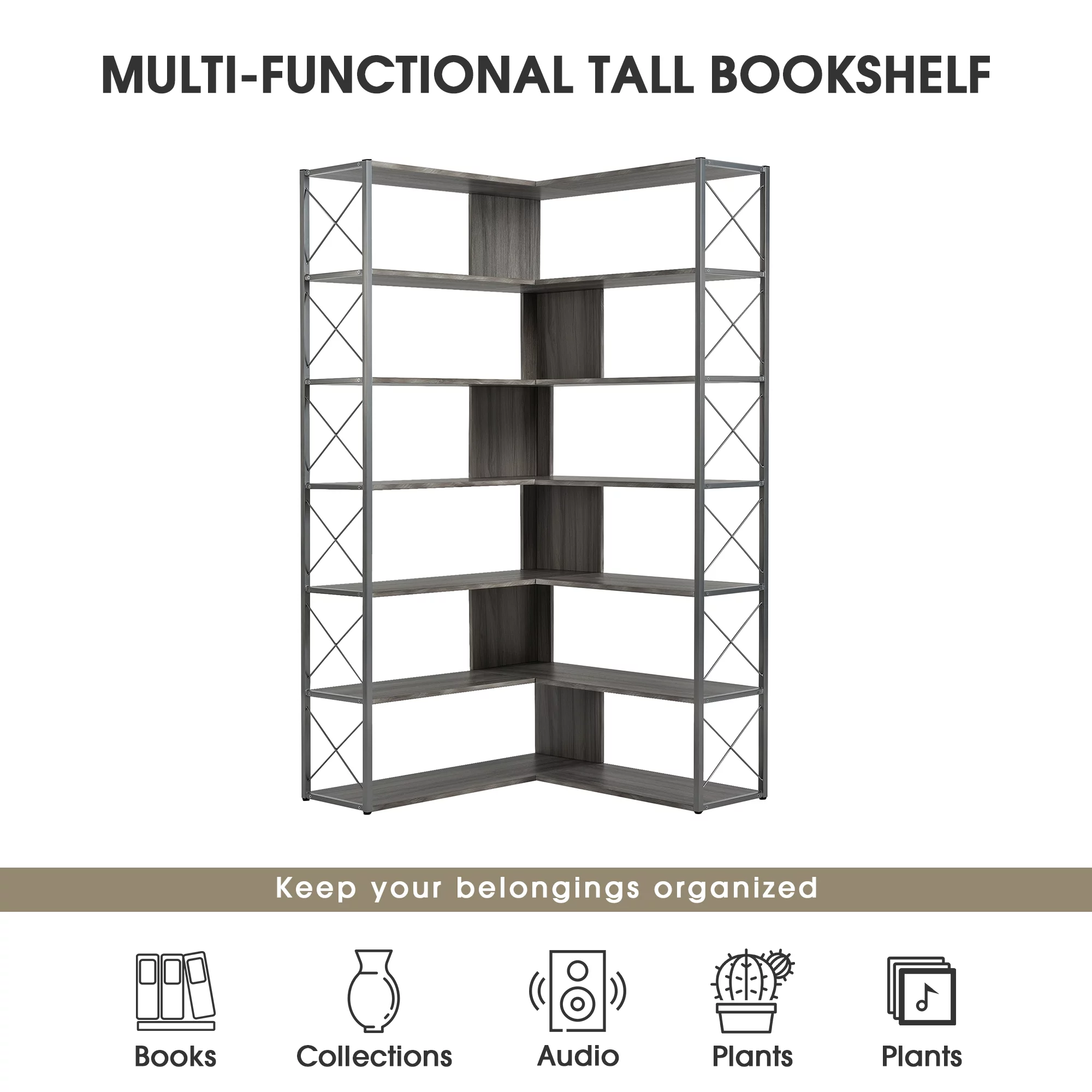 Industrial 7 Tier L-Shaped Corner Bookshelf, Large Home Office Bookcase with Metal Frame, Tall Storage Shelf Display Rack