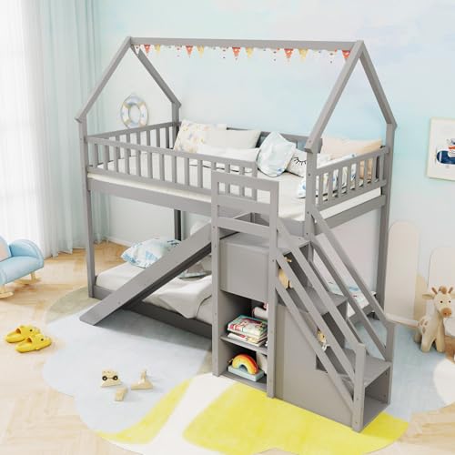 Giantex House Bunk Bed Twin Over Twin with Slide & Stairs, Wood Bunk Bed with Storage Shelves, No Box Spring Needed