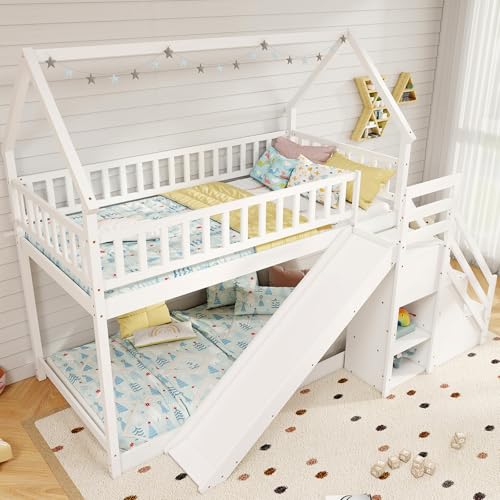 Giantex House Bunk Bed Twin Over Twin with Slide & Stairs, Wood Bunk Bed with Storage Shelves, No Box Spring Needed