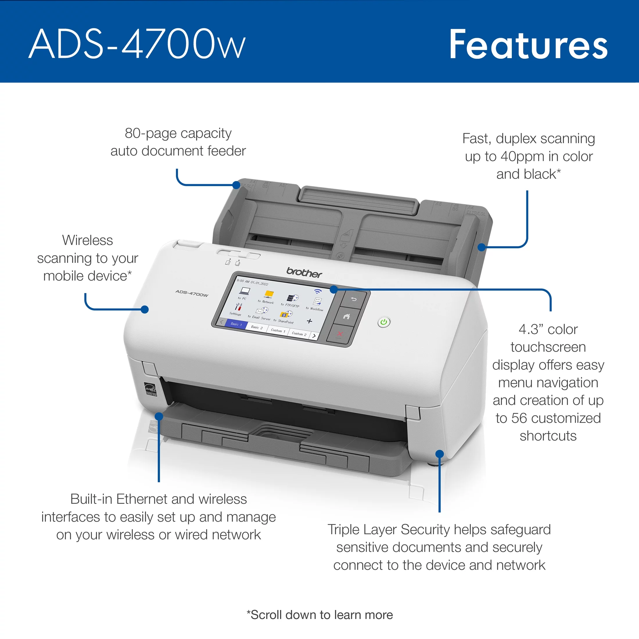 Brother ADS4700W Professional Desktop Document Scanner for Business Workgroups