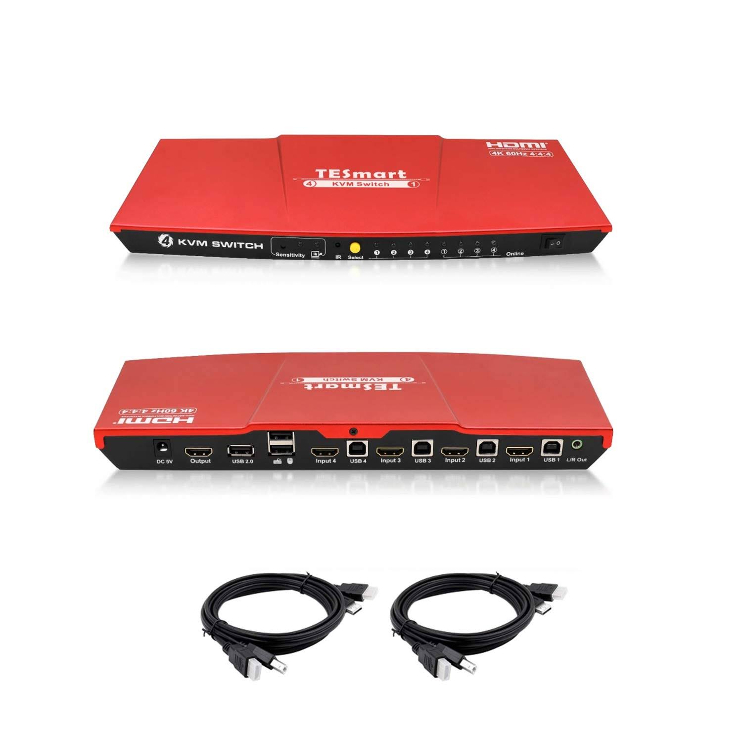 TESmart HDMI 4K Ultra HD 4x1 HDMI KVM Switch 3840x2160@60Hz 4:4:4 with 2 Pcs 5ft KVM Cables Supports USB 2.0 Device Control