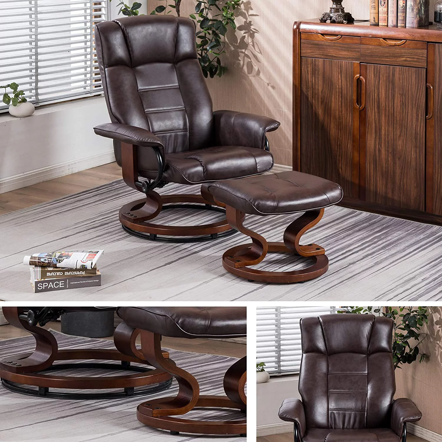 MCombo Swiveling Recliner Chair with Wrapped Wood Base and Matching Ottoman Footrest  Furniture Casual Chair  Faux Leather 9019 (Cream White)