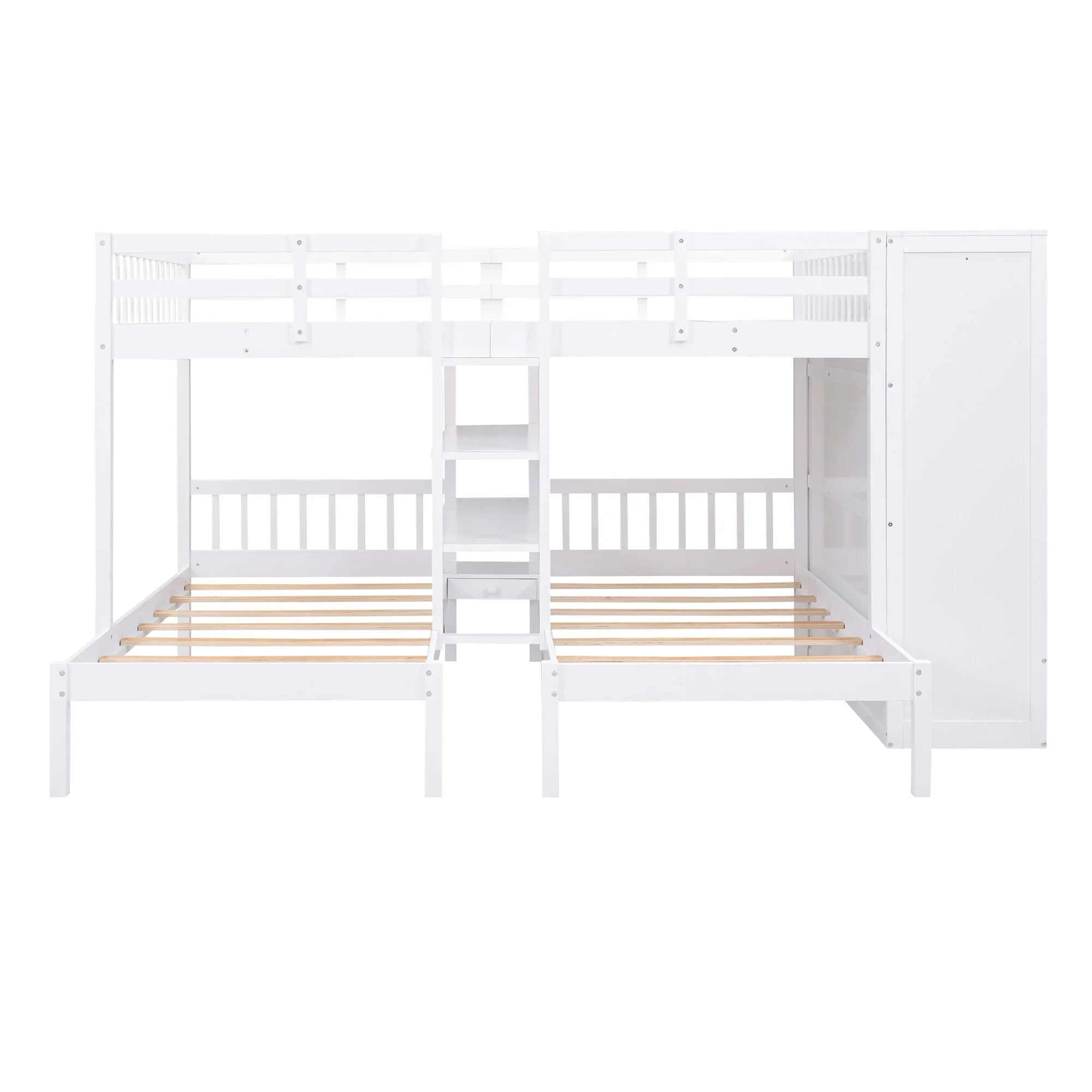 Full-Over-Twin-Twin Bunk Bed with Shelves, Wardrobe, Mirror, and Storage Solutions - Space-Saving Furniture for Growing Families White