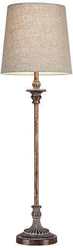 Regency Hill Bentley Traditional French Country Style Buffet Table Lamps 31.5" Tall Skinny Set of 2 Weathered Brown Ridged Linen Fabric Tapered Drum