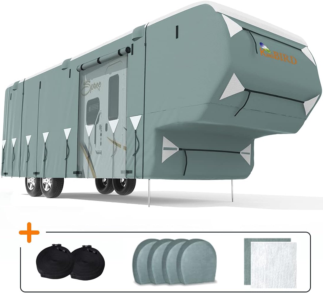 KING BIRD Upgraded 5th Wheel RV Cover, Extra-Thick 5 Layers Anti-UV Top Panel, Durable Camper Cover, Fits 37'-41' Motorhome -Breathable, Water-Proof