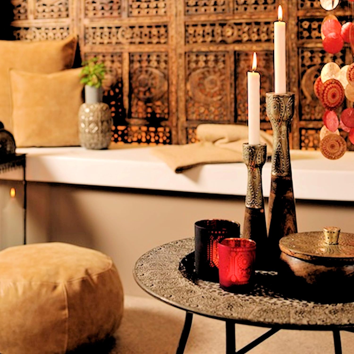 Global Chic Sun, Moon and Star 4 Panel Screen Room Divider of Hand Carved Sustainable Mango Wood