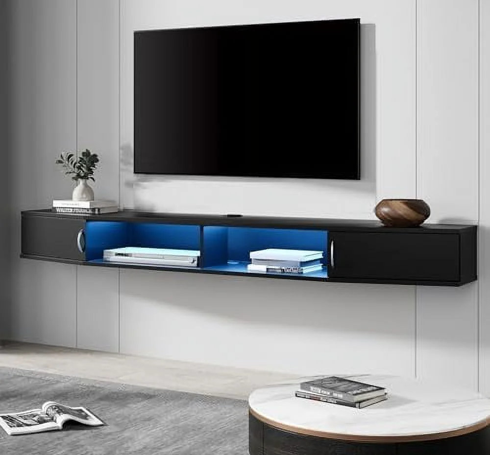 RUNFAYBIU Floating TV Stand Wall Mounted  with Colorful LED Lights  Wood Media Console Entertainment Center Under TV  Cabinet Hutch Desk  for Home