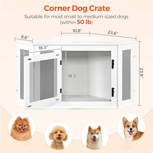 Corner Dog Crate Furniture, Wooden Dog Kennel End Table, Decorative Pet Crate Indoor Use, Furniture Style Dog House for Small Medium Dog