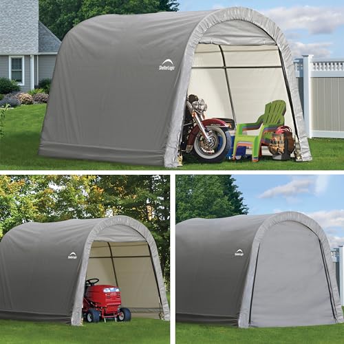 ShelterLogic 10' x 10' Shed-in-a-Box All Season Steel Metal Round Roof Outdoor Storage Shed with Waterproof Cover and Heavy Duty Reusable Auger