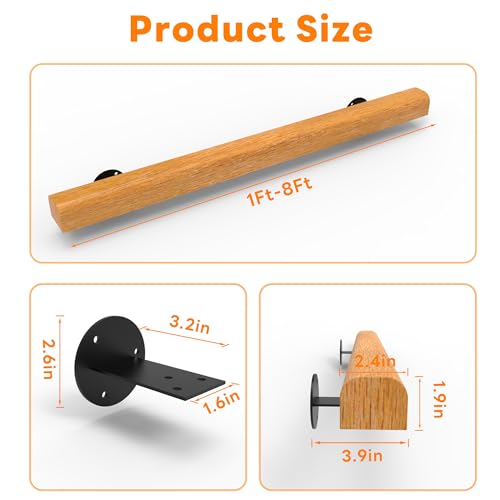 6FT Wood Stair Handrails Wall Mount, Hand Railings for Stairs Indoor Outdoor, Non-Slip Staircase Handrail for Corridor, Lofts, Patio