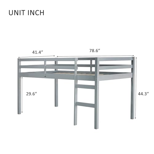 Low Loft Bed Twin Size, Kids Solid Wood Modern Loft Bed Frame with Ladder and Safety Guardrail for Girls Boys, Noise-Free,Non-Toxic Finishes