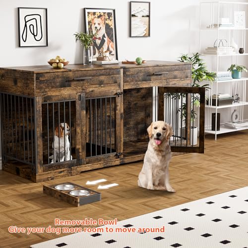 Rophefx 72" Dog Crate Furniture for 2 Dogs, Large Double Dog Kennel Indoor Furniture with 2 Storage Drawers and Removable Divider