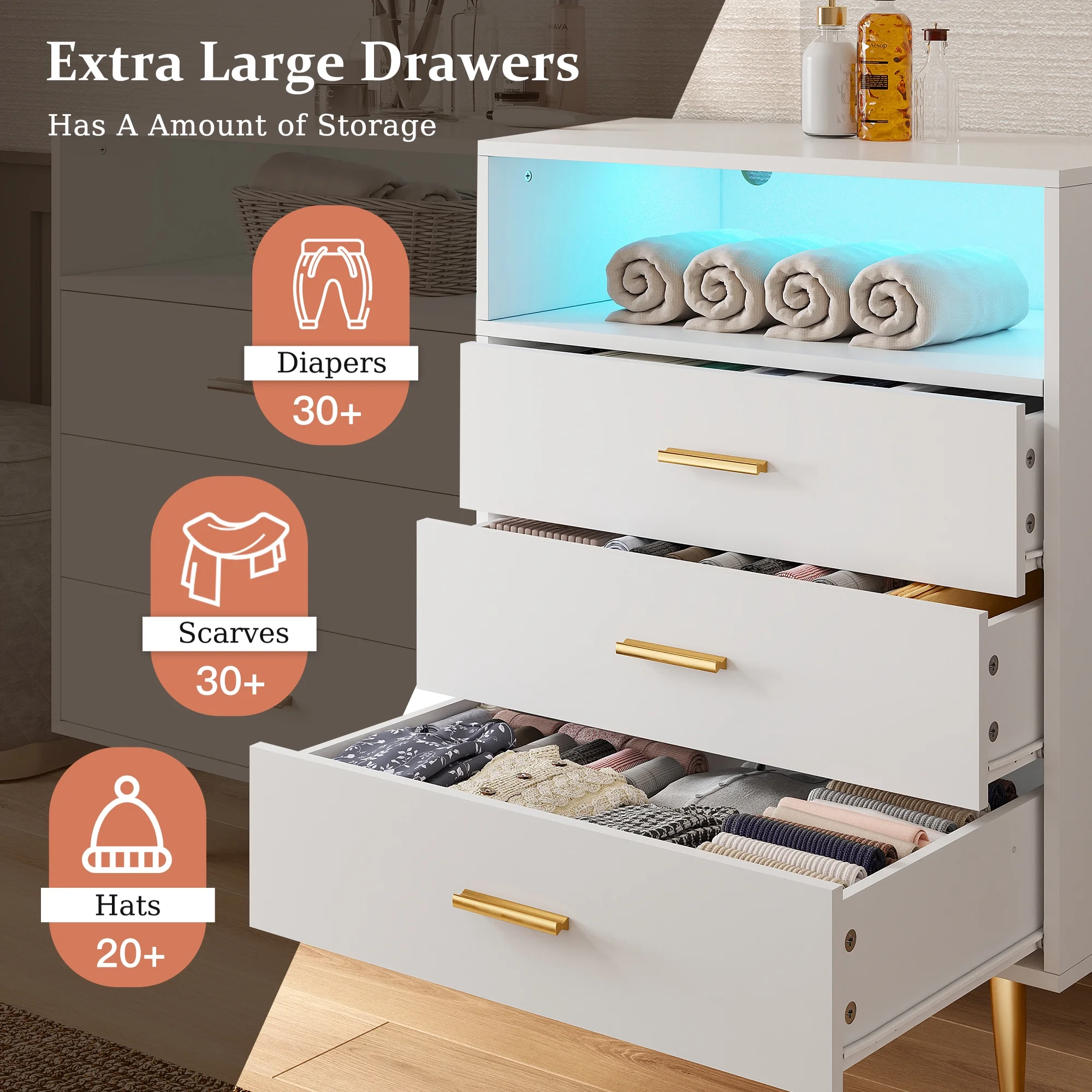 EnHomee Dresser, White Dresser with 6 Deep Drawers, Drawer Dresser with LED Lights, TV Stand Dressers & Chests of Drawers Wood Dresser for Bedroom