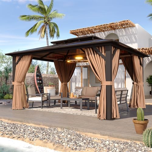 Aoxun 12'x10' Hardtop Gazebo, Aluminum Frame Permanent Pavilion with Curtains and Netting, Outdoor Polycarbonate Double Roof Canopy