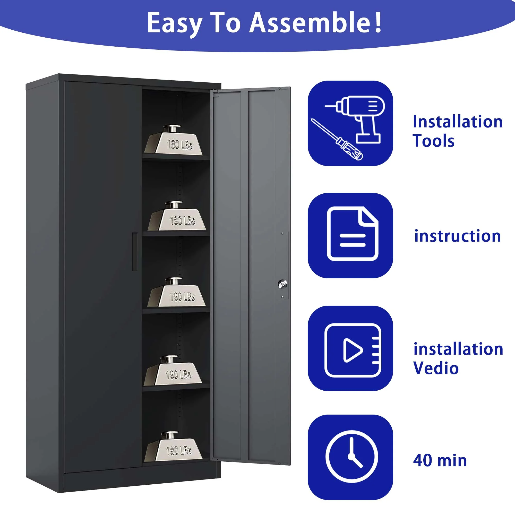 72"H Metal Garage Storage Cabinet, Black Tool Steel Locking Cabinet with Doors and 4 Shelves