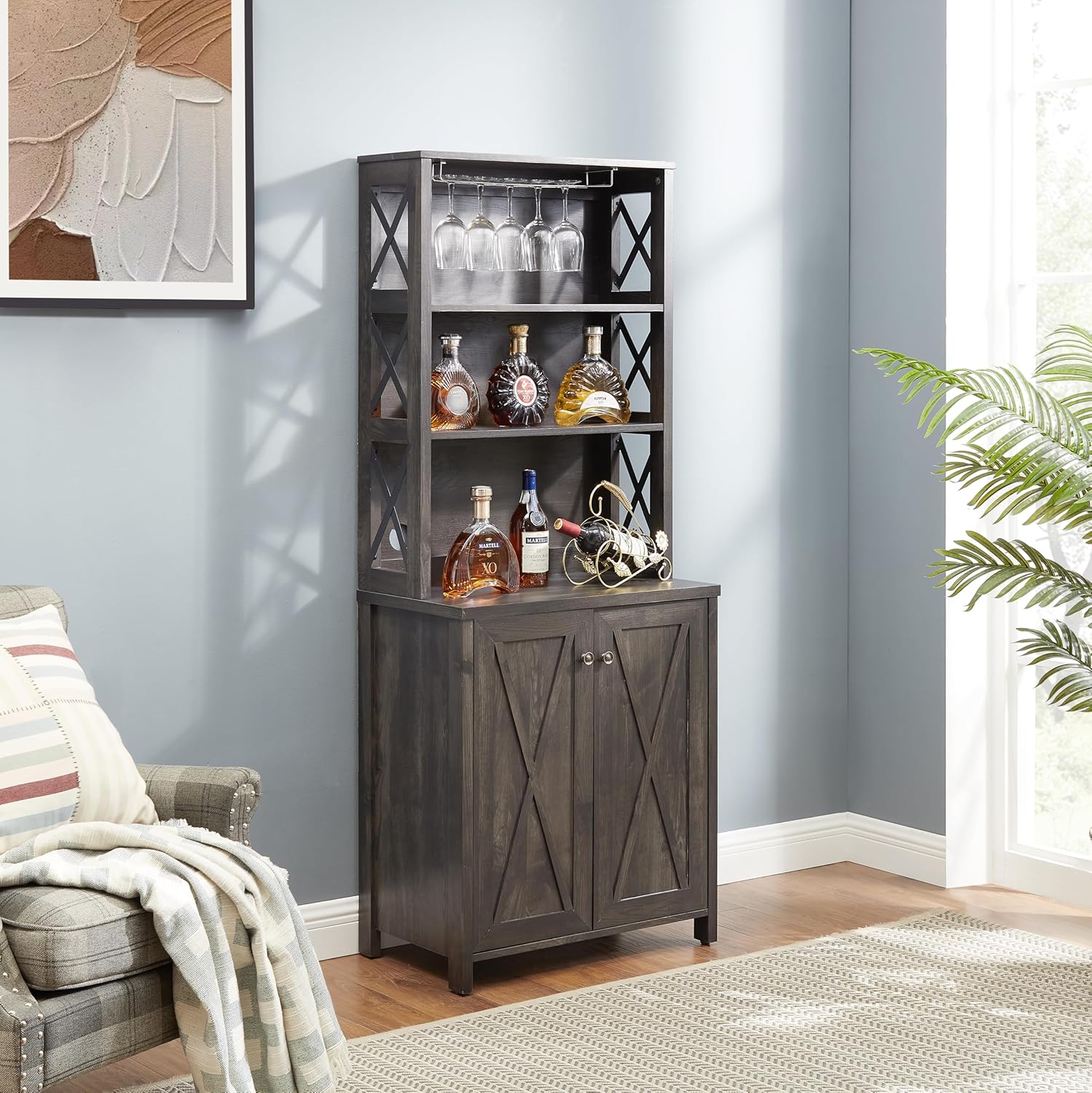 CHARMMA Coffee Bar Cabinet Kitchen Cabinet with Microwave Stand Metal Frame Side Home Source Bar Cabinet Cabinet and Hollow out Barn Design Wood