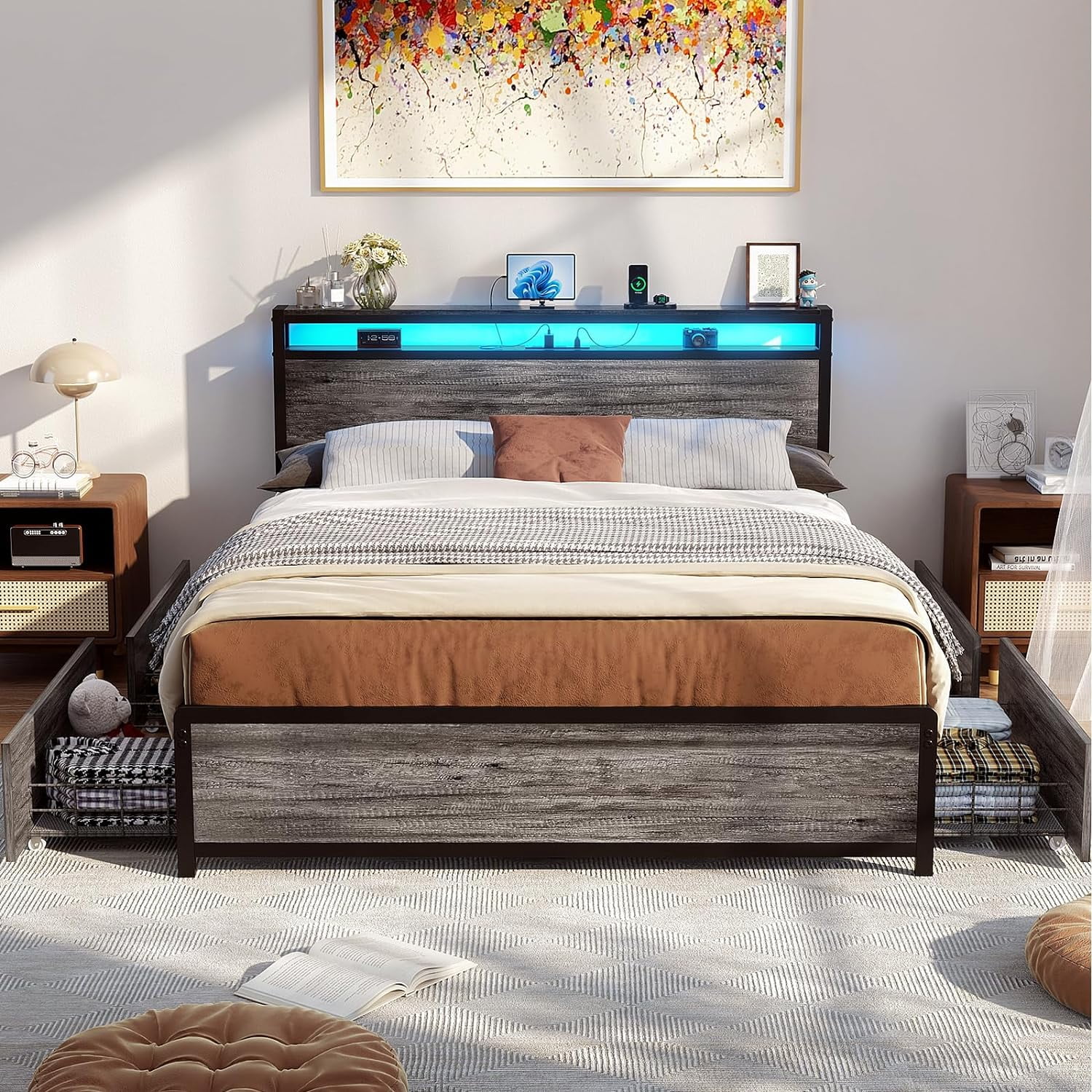 Homieasy Queen Size Bed Frame with LED Lights and 4 Storage Drawers, Industrial Platform Bed with Headboard and Charging Station, Steel Slat Support