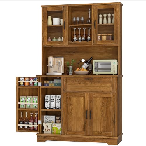 Shintenchi Kitchen Pantry Storage Cabinet, Freestanding Buffet Cabinet with Microwave Stand & 4 Door Shelves, Kitchen Hutch with Doors