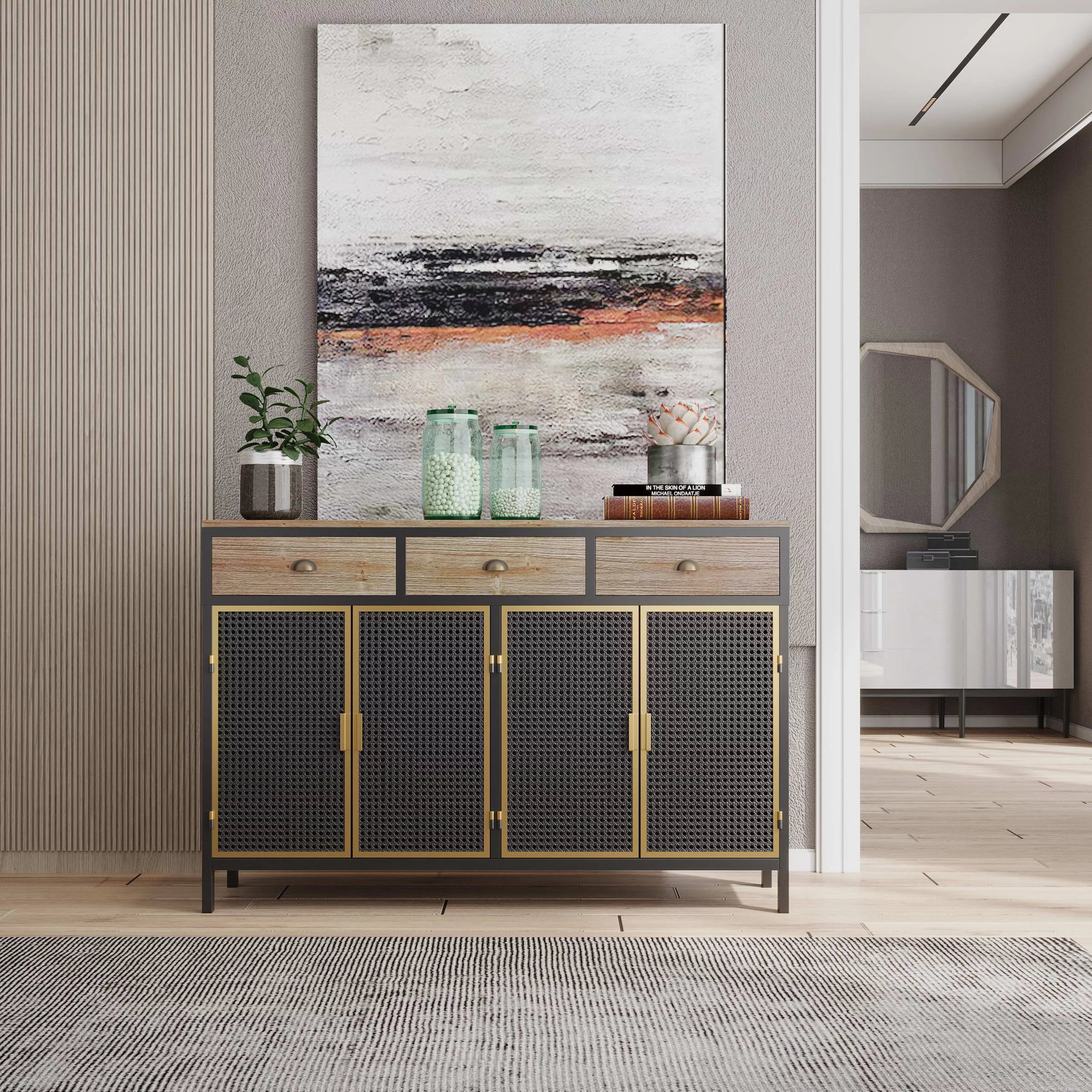 47.64" Wide 2 Doors Modern Sideboard with 3 Top Drawers, Freestanding Sideboard Storage Cabinet Entryway Floor Cabinet for Living Room Office Bedroom