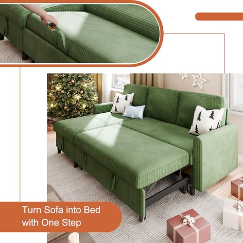 Vongrasig Convertible Sleeper Sofa, Pull Out Couch with Storage, 77" L-Shaped Sofa Bed with Storage Chaise Corduroy Fabric for Living Room, Apartment