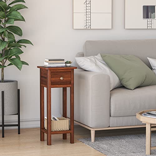 GORELAX Narrow End Table, Tall Nightstand with Drawer & Shelf, Small Bedside Table w/Anti-Tipping Device, No Assembly