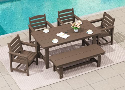 SERWALL Outdoor HDPE Dining Table Set, 7-Piece Outdoor Dining Table Sets with Umbrella Hole Cut-Out Table and 6 Chairs, Gray