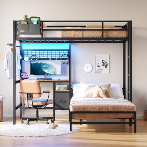 DICTAC Twin Over Twin Size Bunk Bed with Desk and Charging Station Metal Loft Bed with Led Lights & Storage Shelves and Drawers L-Shaped Bunk Bed for