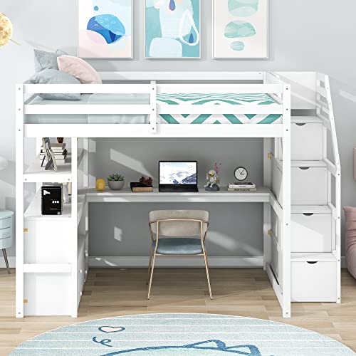 Harper & Bright Designs Twin Over Twin Bunk Bed with Stairs and Trundle, Solid Wood Stairway Bunk Bed Frame with Storage