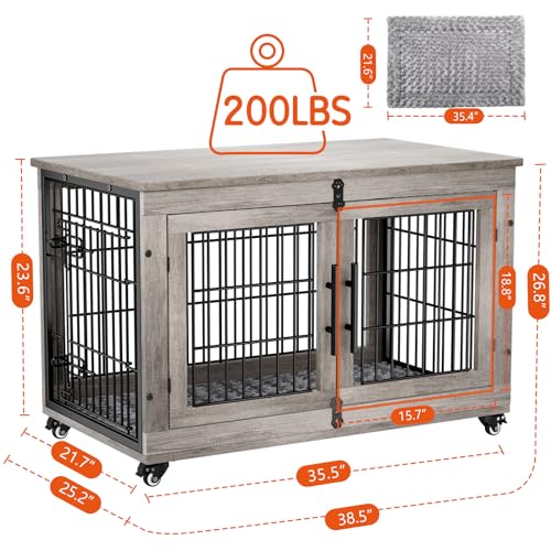 Lulive Dog Crate Furniture for Medium Dogs, 32'' Dog Kennel Indoor with Cushion & Wheels Wooden Dog Cage Double Doors Dog Crate End Table, Grey