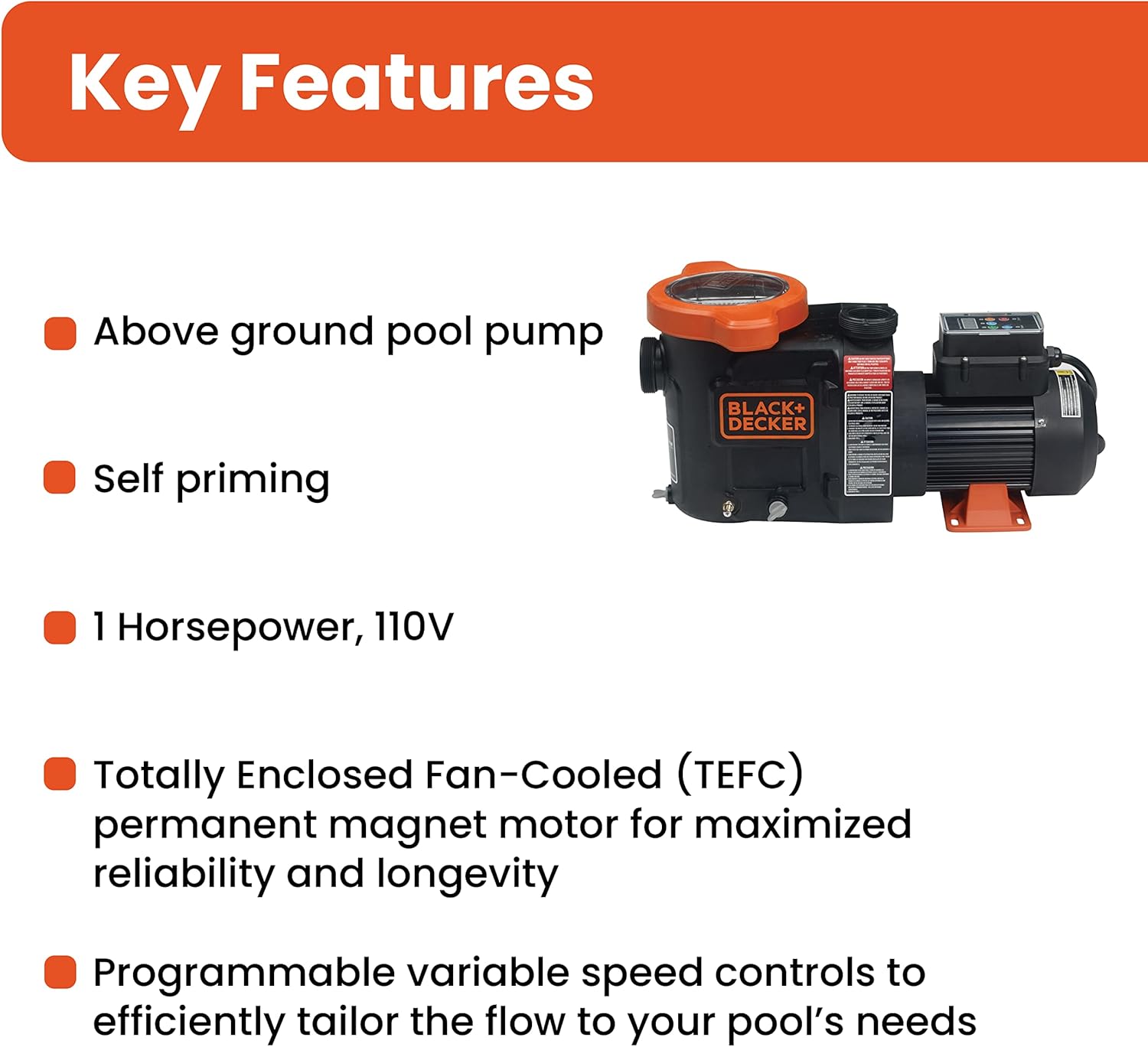BLACK+DECKER Above Ground Variable Speed Swimming Pool Pump, 1 HP