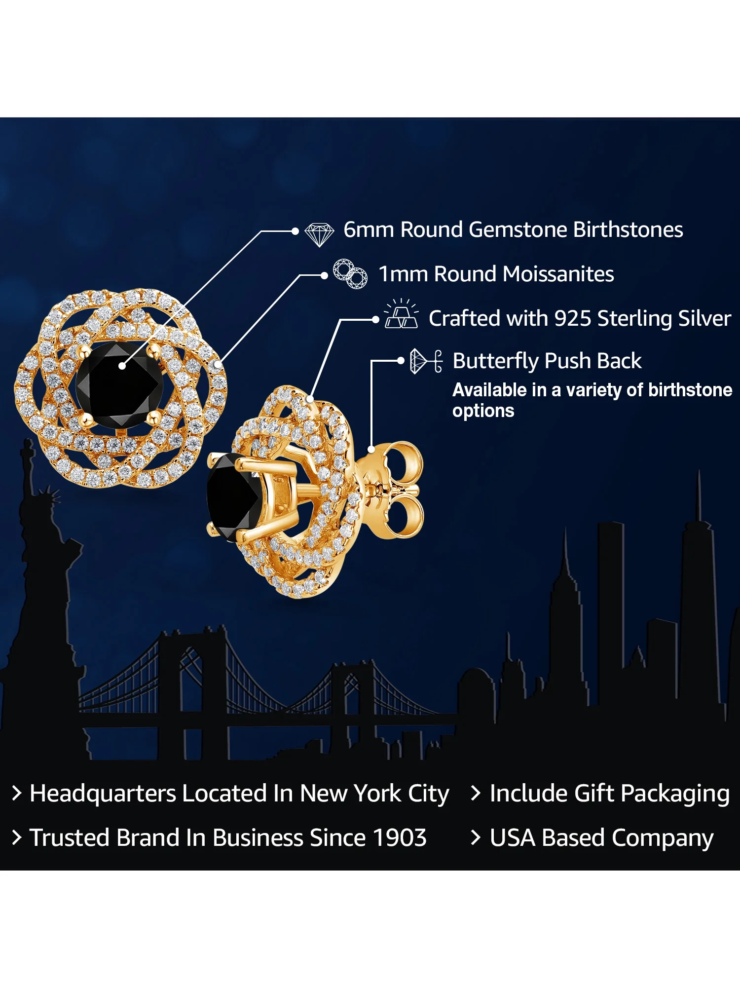 Gem Stone King 18K Yellow Gold Plated Silver Stud Earrings with Jackets Diamond and Moissanite (2.82 Cttw)