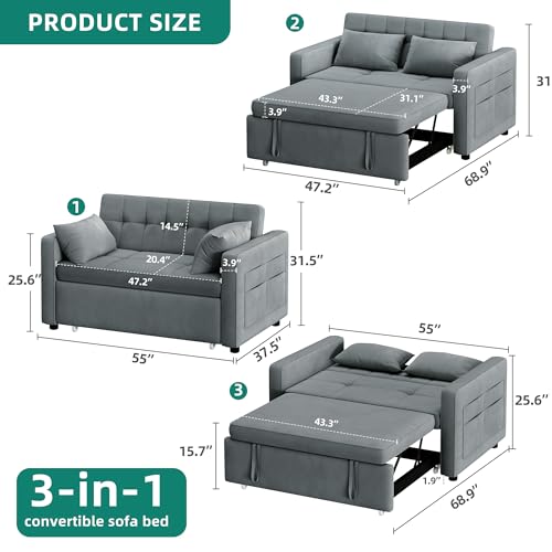 YITAHOME 55" Convertible Sofa Bed, 3-in-1 Sleeper Sofa with Pull-Out Bed, Velvet Futon Couch with Reclining Backrest and Side Pocket
