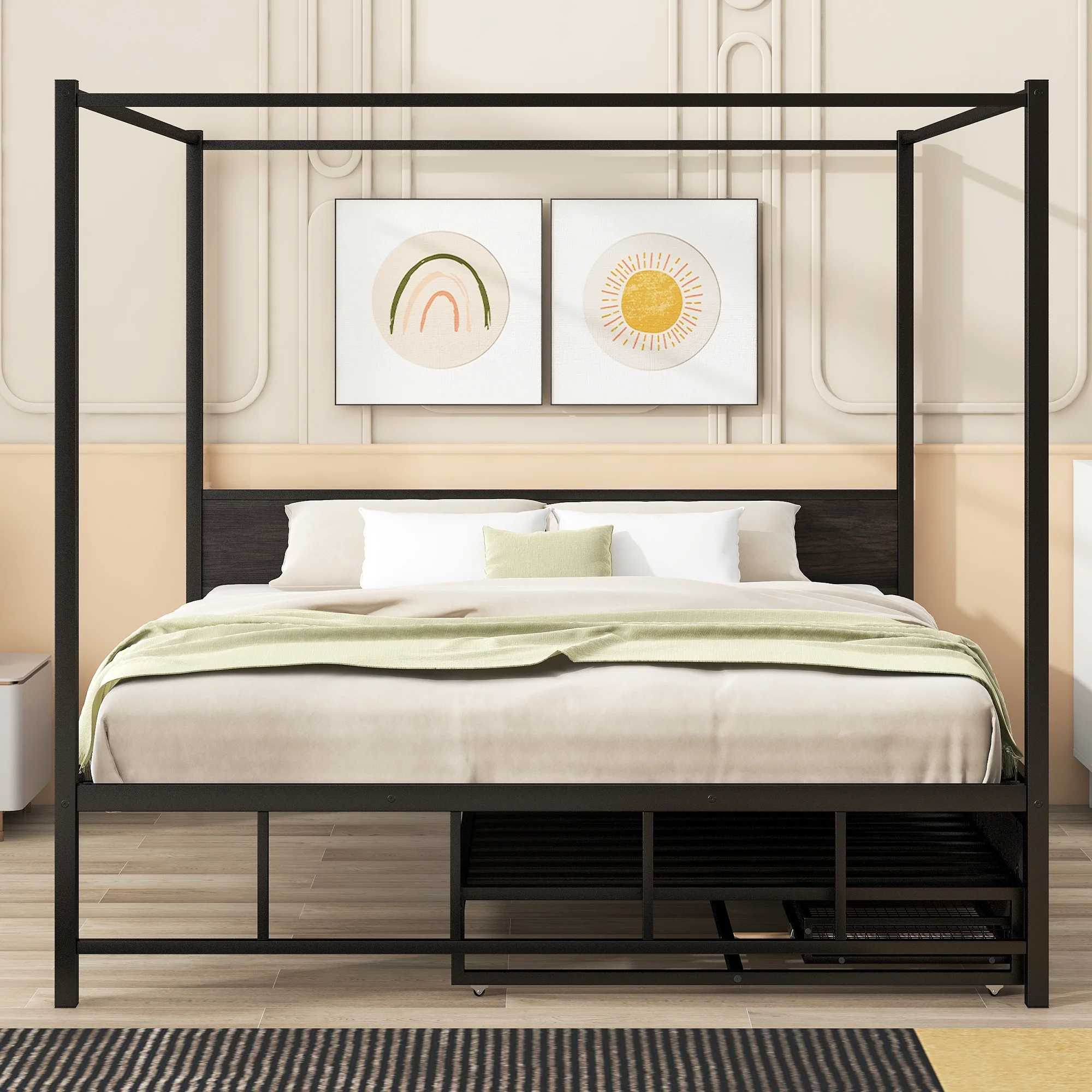 Churanty Queen Size Canopy Platform Bed with Trundle, Metal Four-Poster Canopy Bed Frame with for 3 Storage Drawers for Bedroom,Black