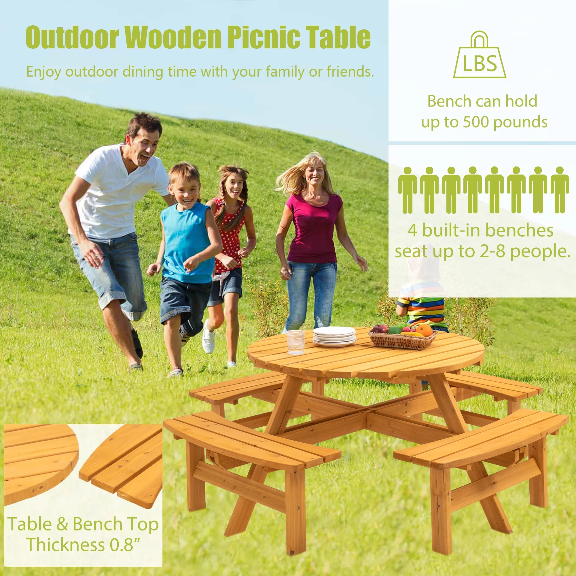 Outdoor 8-Person Circular Wooden Picnic Table w/ 4 Built-in Benches 2220lb Capacity for Garden, Patio, Backyard - Natural