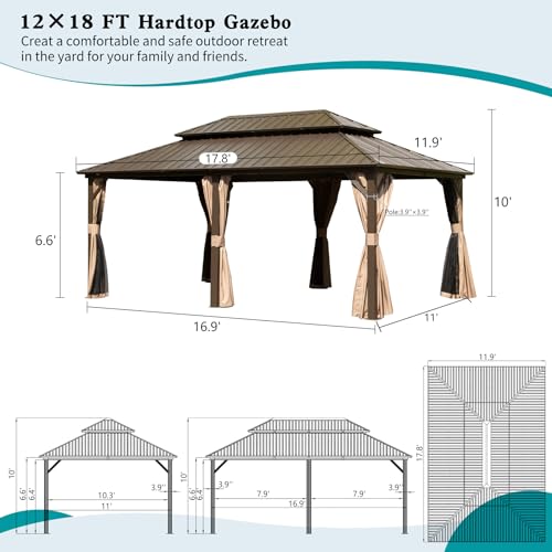 Domi 10' x 10' Hardtop Gazebo Outdoor Metal Gazebo with Galvanized Steel Double Roof Canopy, Curtains and Netting for Patio, Backyard, Deck