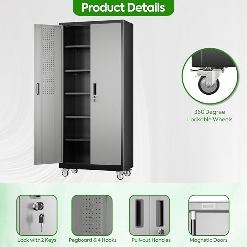 71" Metal Storage Cabinet with Wheels and Pegboard, Lockable Rolling Steel Storage Cabinet with 5 Adjustable Shelves and Door for Garage, Office
