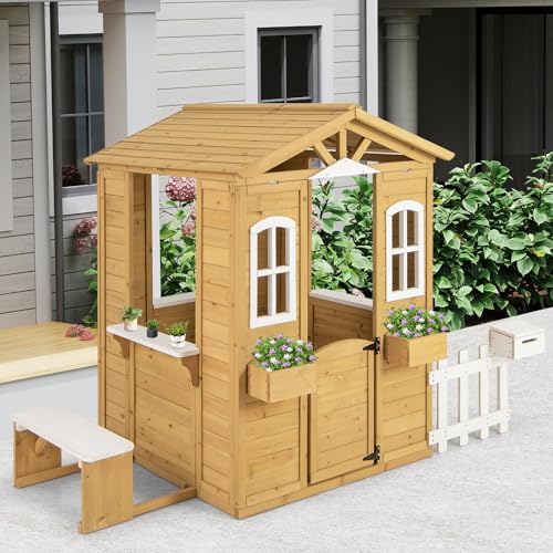 Costzon Outdoor Playhouse, Fir Wood Patio Pretend Play Center w/Bench, Mailbox, Fence, Serving Stations, Flowerpot Holders, Windows & Door