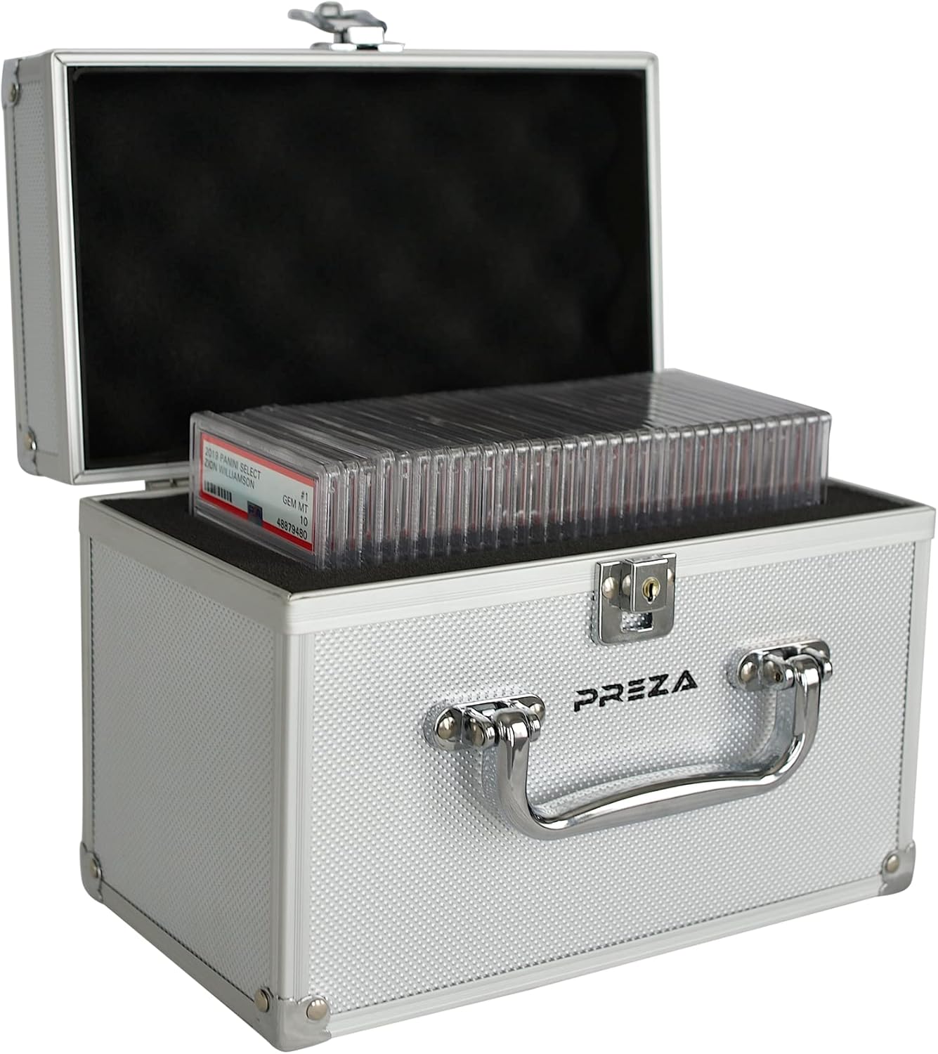 PREZA Trading Card Case - Graded Card Storage Box Display for Sports Card Collection Compatible with PSA and BGS (Black/Silver)