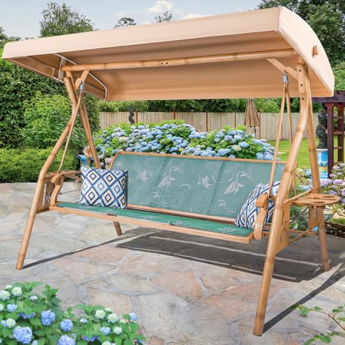 3 Person Patio Swing Outdoor Swing for Adults with Adjustable Canopy &Upgraded Cup Holders Textilene Fabric Porch Swing Chair with Stand Heavy Duty