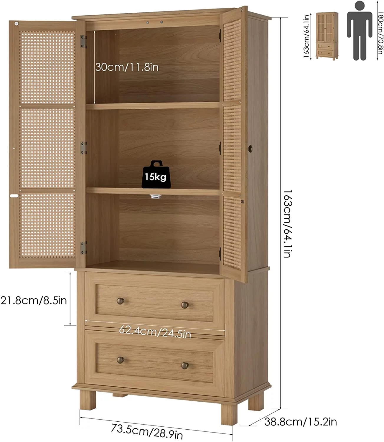 Kitchen Pantry Storage Cabinet, Tall Cabinet with Rattan Doors and 2 Drawers, Freestanding Cupboard with Adjustable Shelves