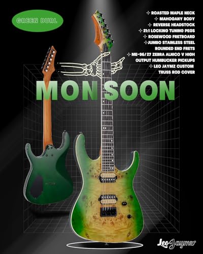 Leo Jaymz Electric Guitar Monsoon Series,Reverse Headstock,Mahogany Body,Roasted Maple Neck,Rosewood Fretboard,Locking Tuners,Rounded End Frets