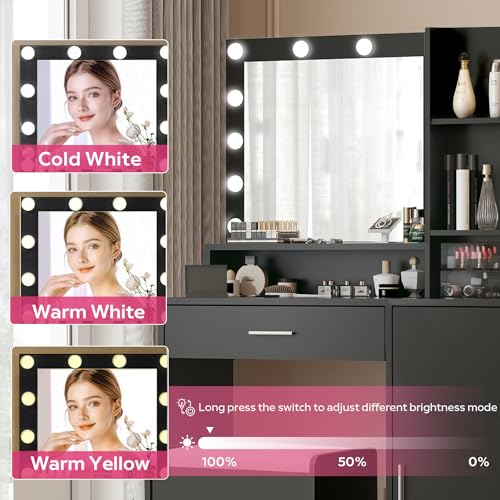 Vanity Desk with Mirror and Light, Large Drawer and Three Level Storage Dresser, 3 Lighting Modes Adjustable Brightness