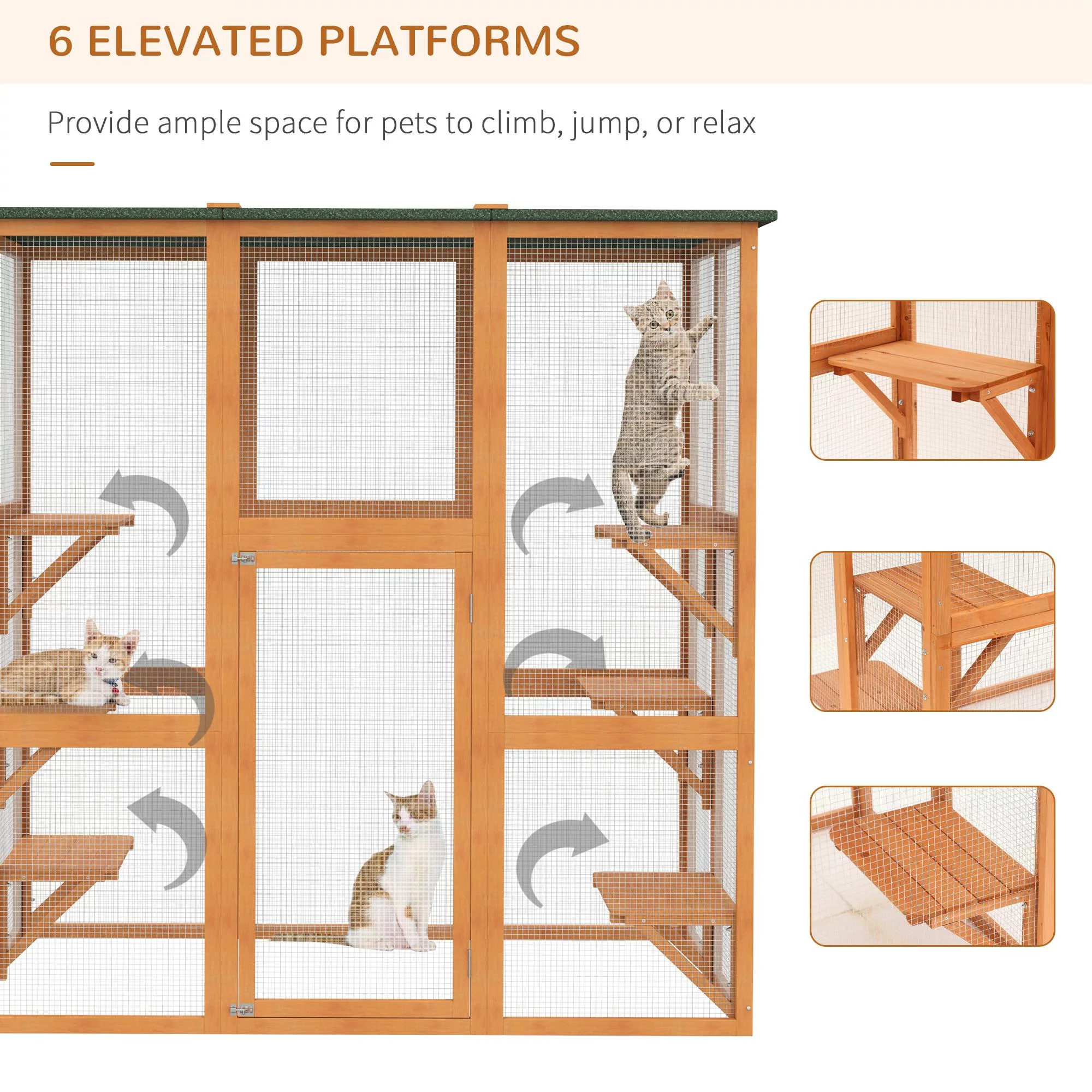 PawHut Outdoor Cat House Big Catio Wooden Feral Cat Shelter Enclosure with Large Spacious Interior, 6 High Ledges, Weather Protection Asphalt Roof