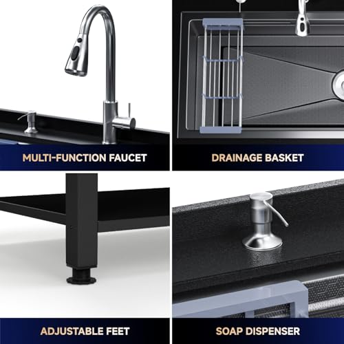 Stainless Steel Utility Sink 36“, Freestanding Laundry Sink with Upgraded Pull Out Faucet, Hose, Drain Kit & Solid Shelf. Utility Sink for Kitchen
