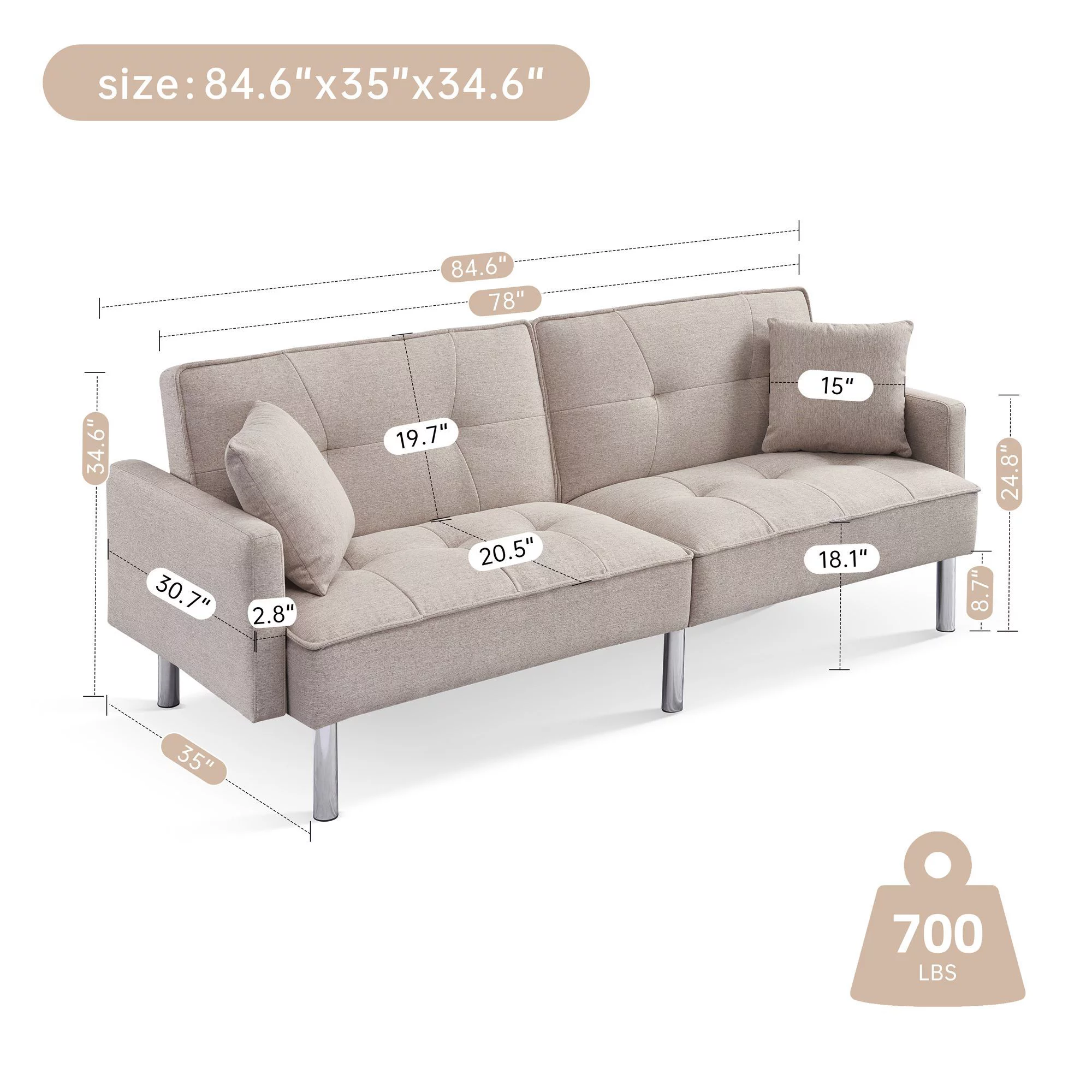 Moootto  84.6 in. Extra Long Modern Tufted Beige Fabric Futon Adjustable Sofa Bed & Folding Daybed Guest Bed, Upholstered Modern Convertible Sofa
