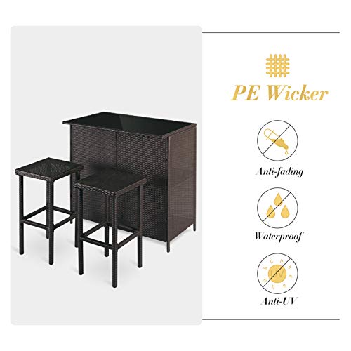 SUNCROWN Outdoor Bar Set 3-Piece Brown Wicker Patio Furniture - Glass Bar and Two Stools with Cushions for Patios, Backyards, Porches