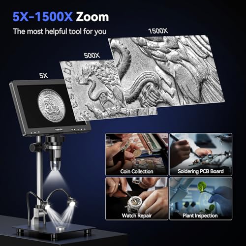 TOMLOV DM9 Max Digital Microscope: 20MP 10.1" 1500X HD IPS HDMI Coin Microscope Magnifier for Error Coins with Screen